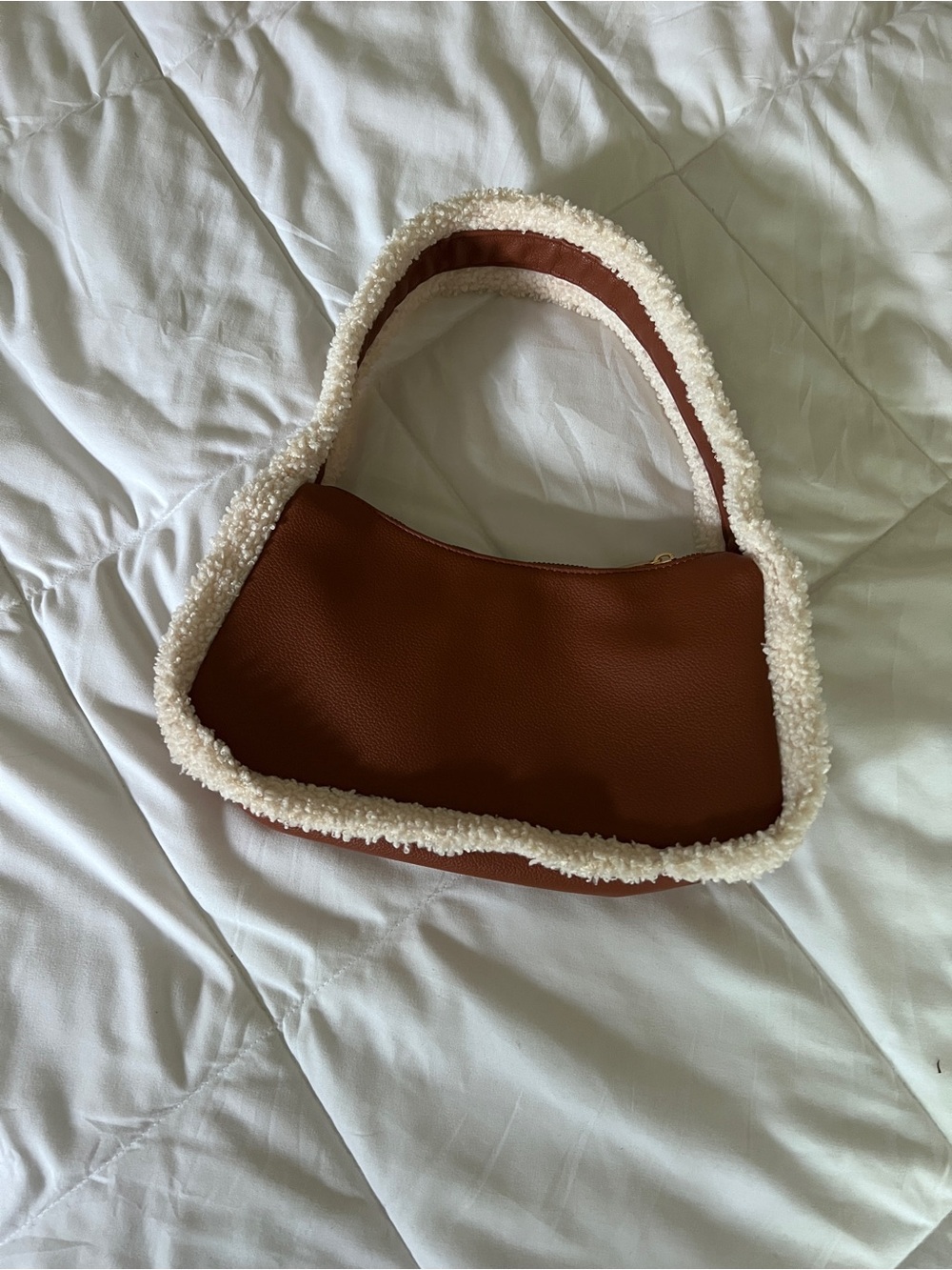 Brown Shearling-Trim Shoulder Bag